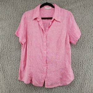 Coldwater Creek Pink Linen Button Down Short Sleeve Blouse Women's L *Read*